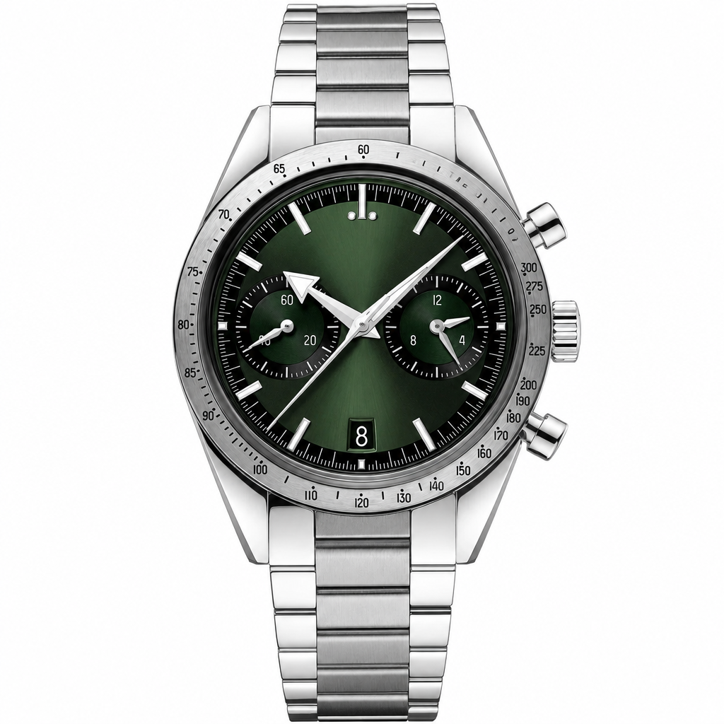 Chronograph watch with green dial and stainless steel bracelet