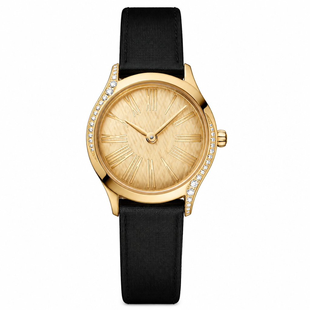 Women's elegant dress watch with gold-tone case, diamond accents, and black fabric strap, 26mm case size