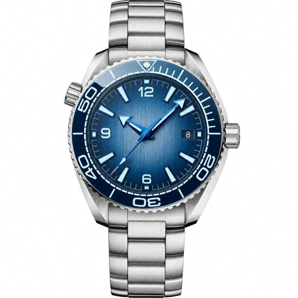 classic dive-style watch with blue dial and stainless steel bracelet, 39.5mm case