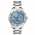 Chronograph sport watch with light blue dial, silver-tone stainless steel bracelet and case, displayed on white background
