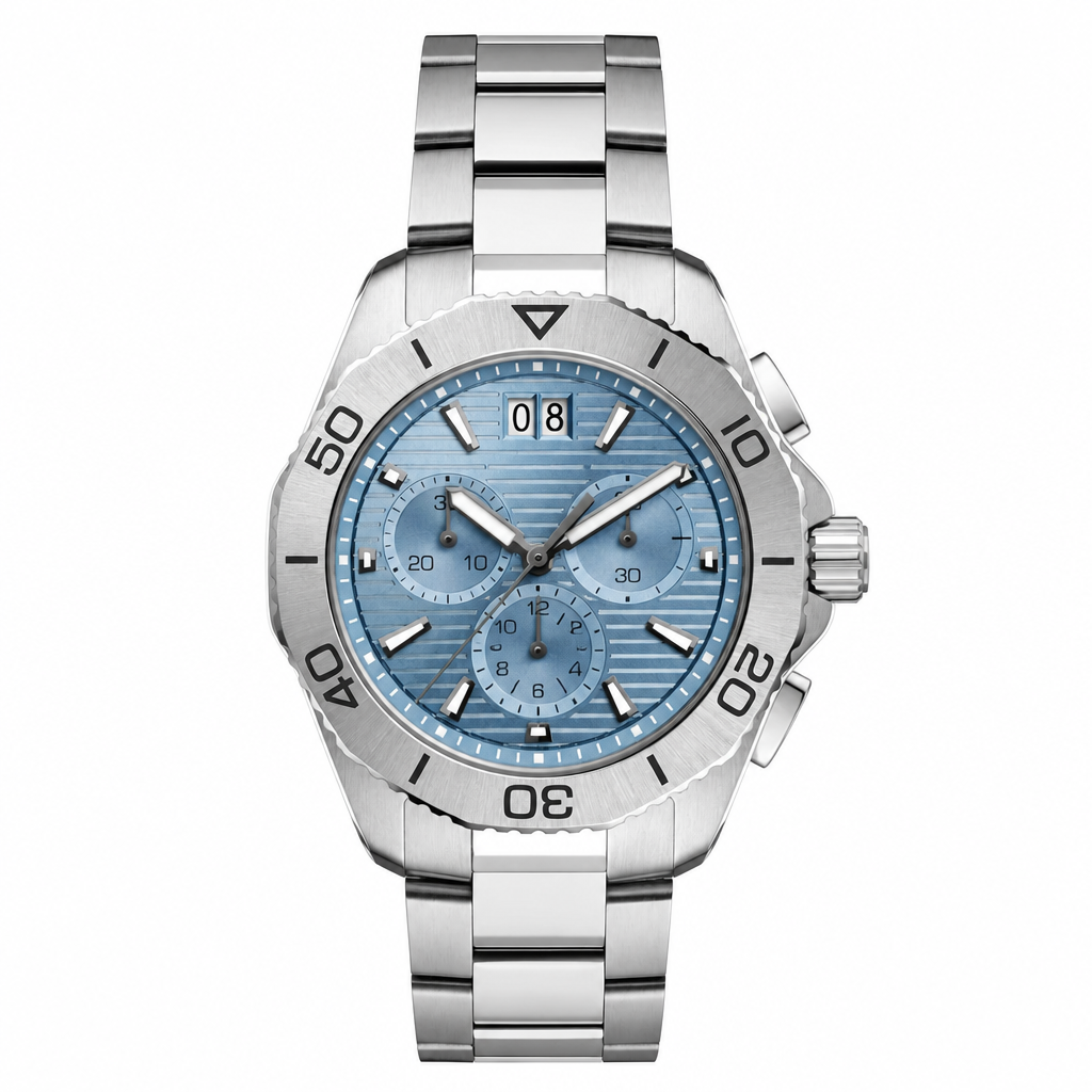 Chronograph sport watch with light blue dial, silver-tone stainless steel bracelet and case, displayed on white background