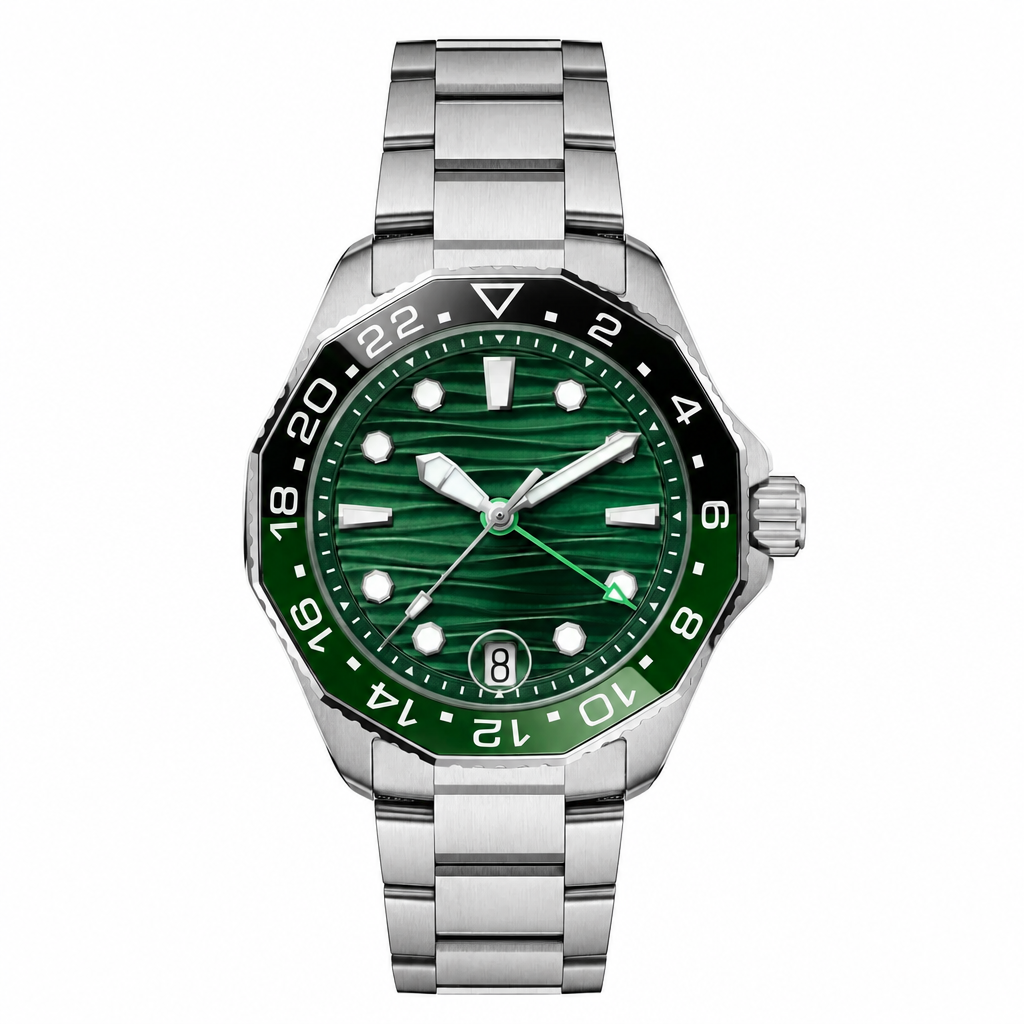 Sport watch with green dial and silver metal bracelet
