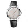 Elegant 41mm dress watch with silver dial, rose gold Roman numerals, silver steel case, and black leather strap