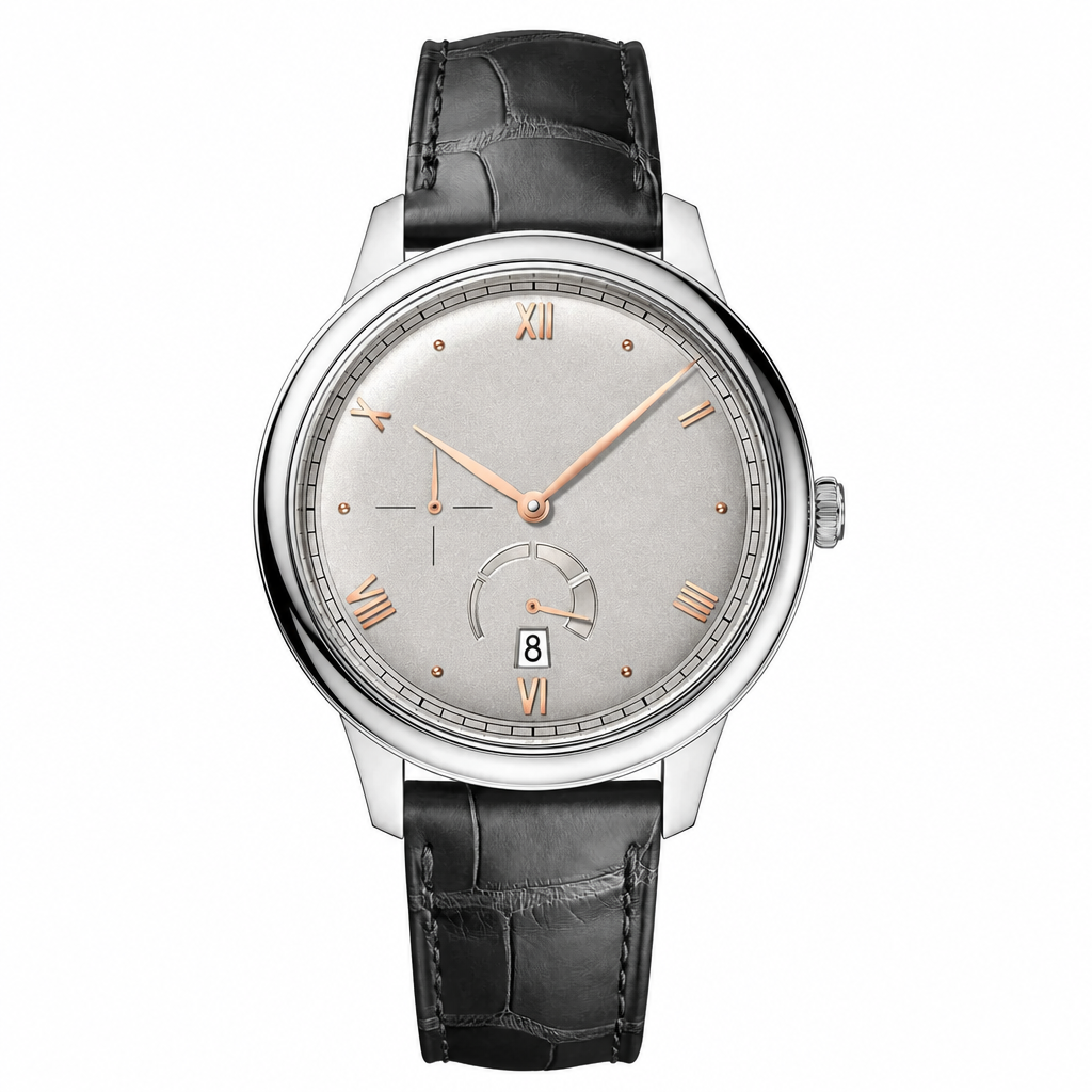 Elegant 41mm dress watch with silver dial, rose gold Roman numerals, silver steel case, and black leather strap