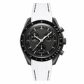 Sport chronograph watch with black dial, matte dark grey case, and white textured strap with black stitching