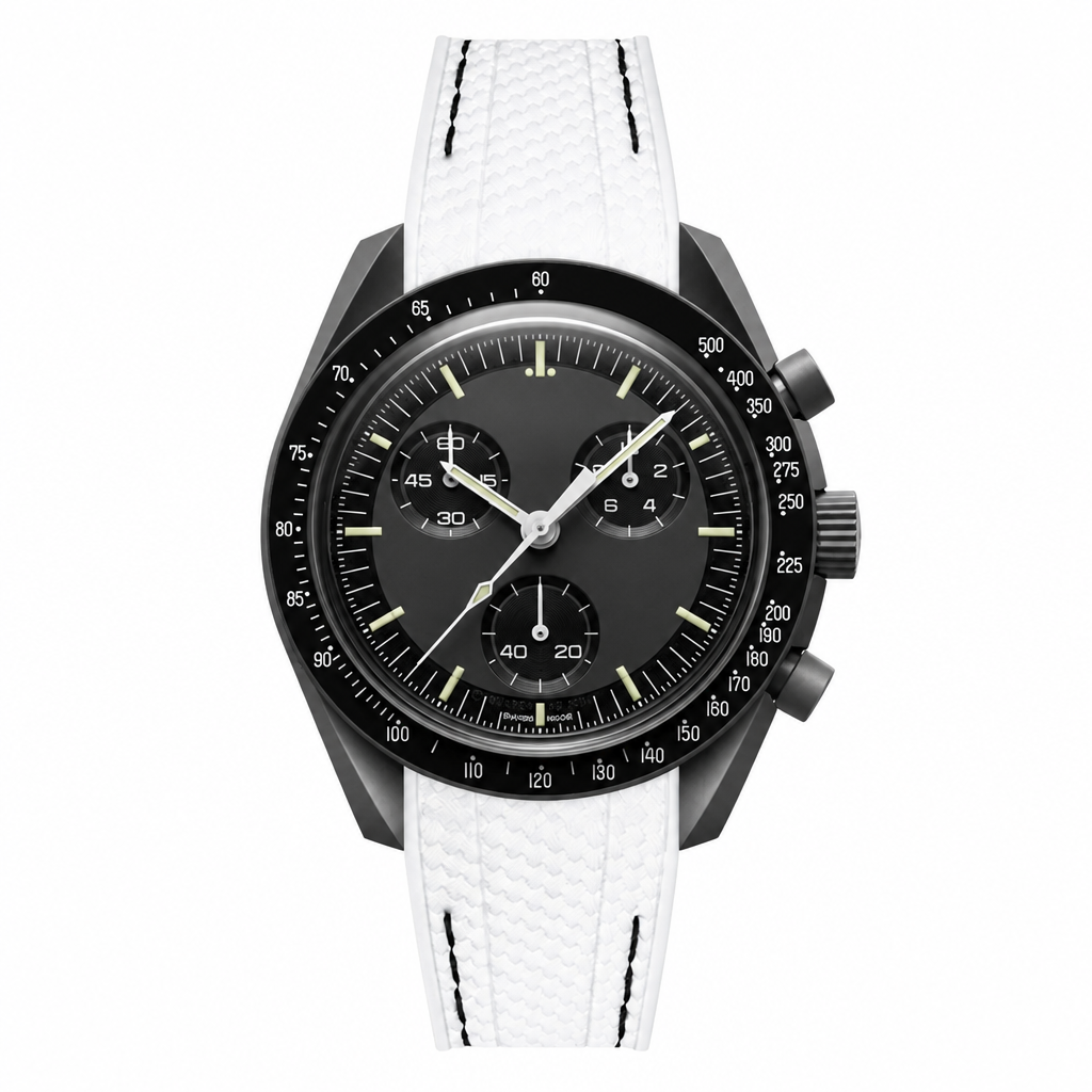 Sport chronograph watch with black dial, matte dark grey case, and white textured strap with black stitching