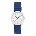 White dial watch with blue rubber strap and silver metal case