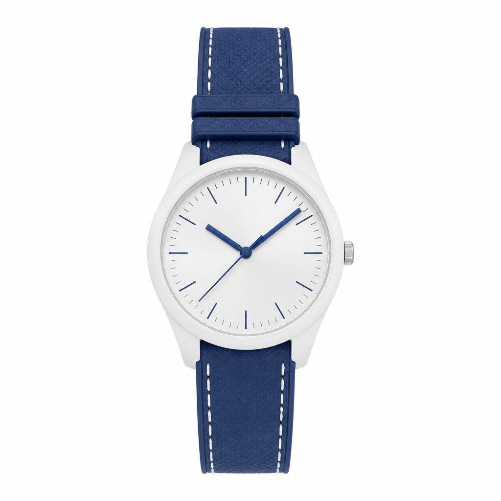 White dial watch with blue rubber strap and silver metal case