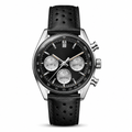 Racing chronograph watch with black dial and black leather strap on white background