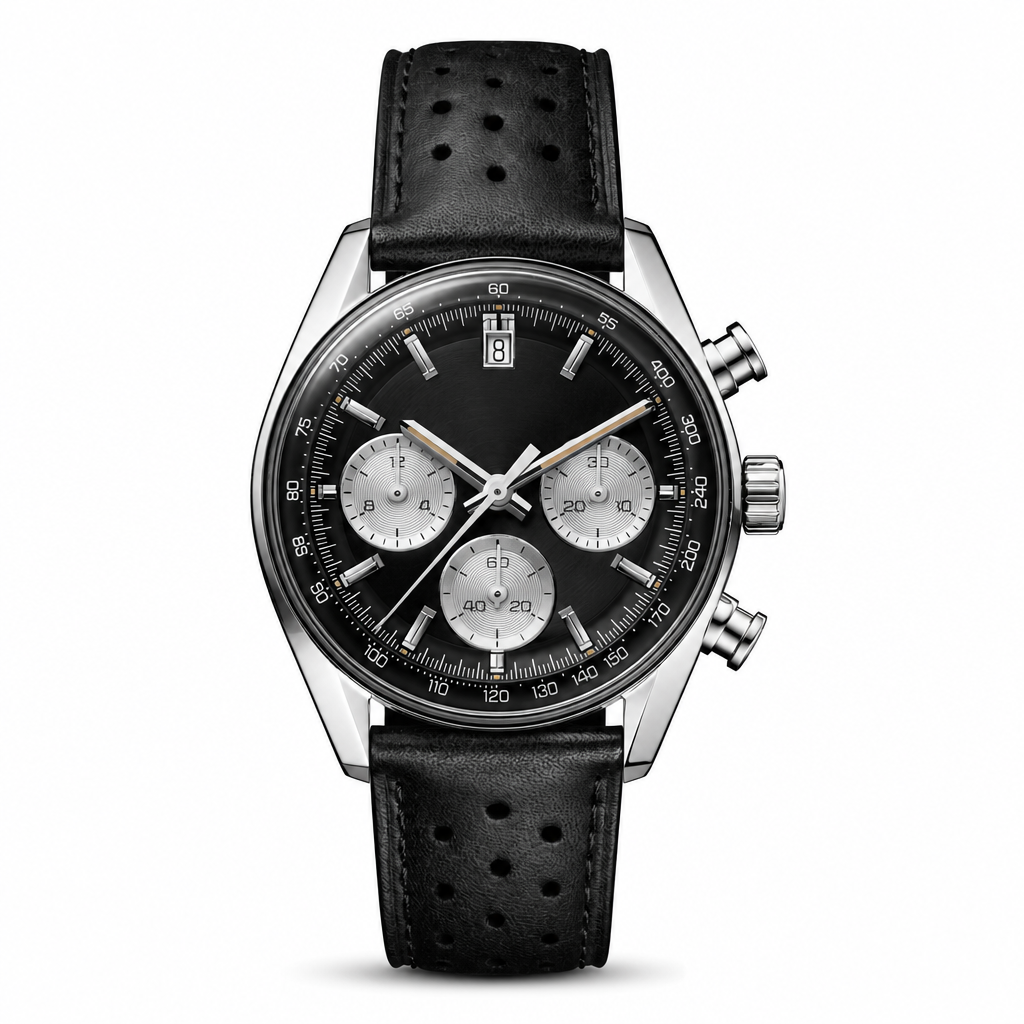 Racing chronograph watch with black dial and black leather strap on white background