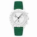 Chronograph watch with white case and green leather strap
