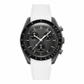 Chronograph watch with black dial and white leather strap on white background