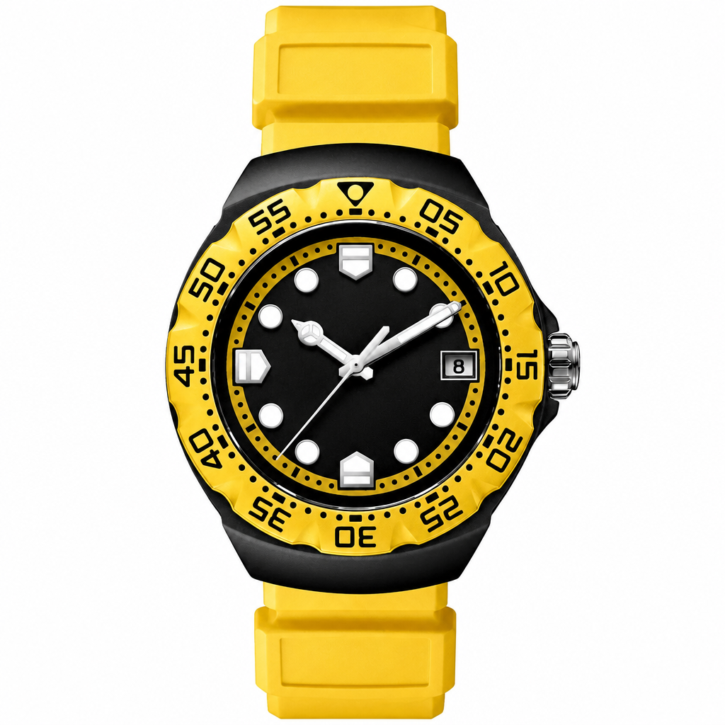 Sport watch with black dial, yellow bezel, and yellow rubber strap
