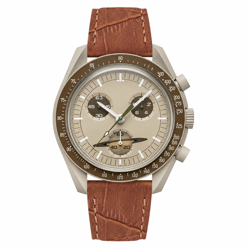 Beige dial dress watch with chronograph and brown leather strap