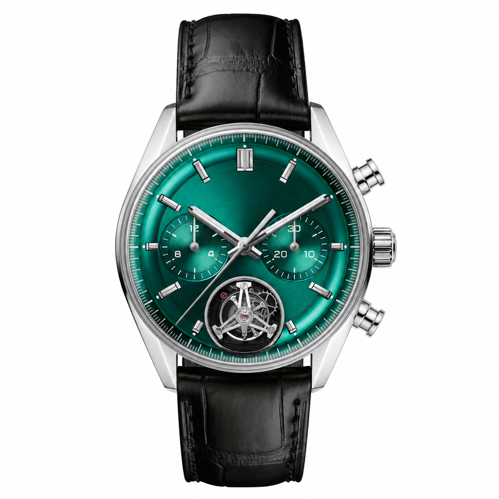 Chronograph watch with green dial and black leather strap product photo