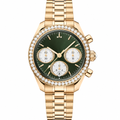 Gold-tone chronograph watch with green dial and stone bezel, 38mm size
