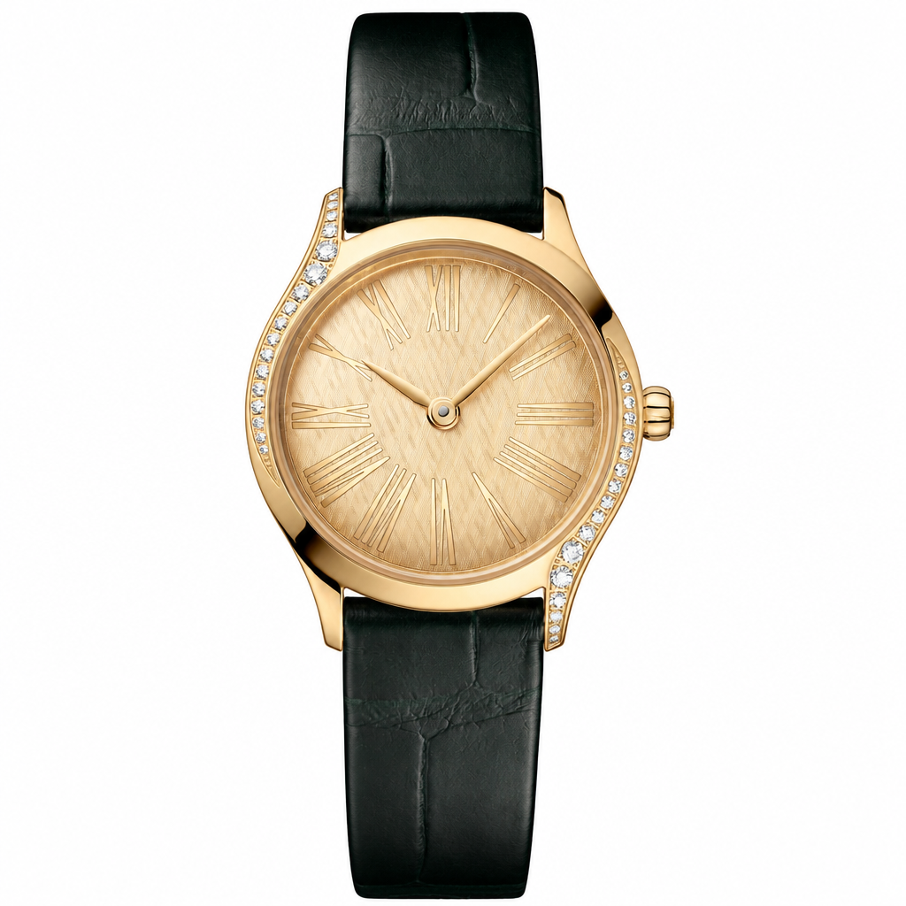 Women's dress watch with gold-tone case and black leather strap