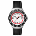 Casual sport watch with white dial, red ring, black numerals, and black rubber strap