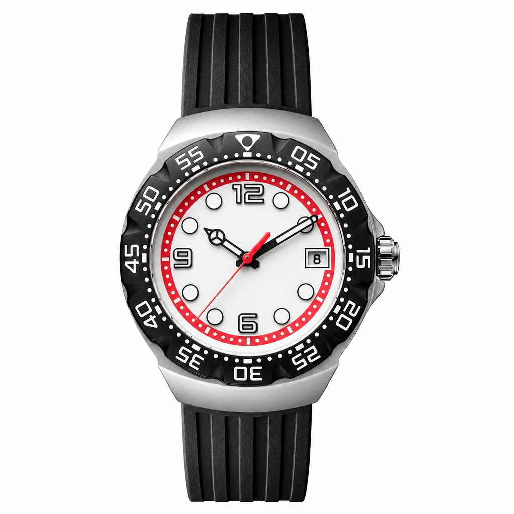 Casual sport watch with white dial, red ring, black numerals, and black rubber strap