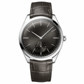 Dress watch with silver steel case, dark gray dial, and dark gray leather strap