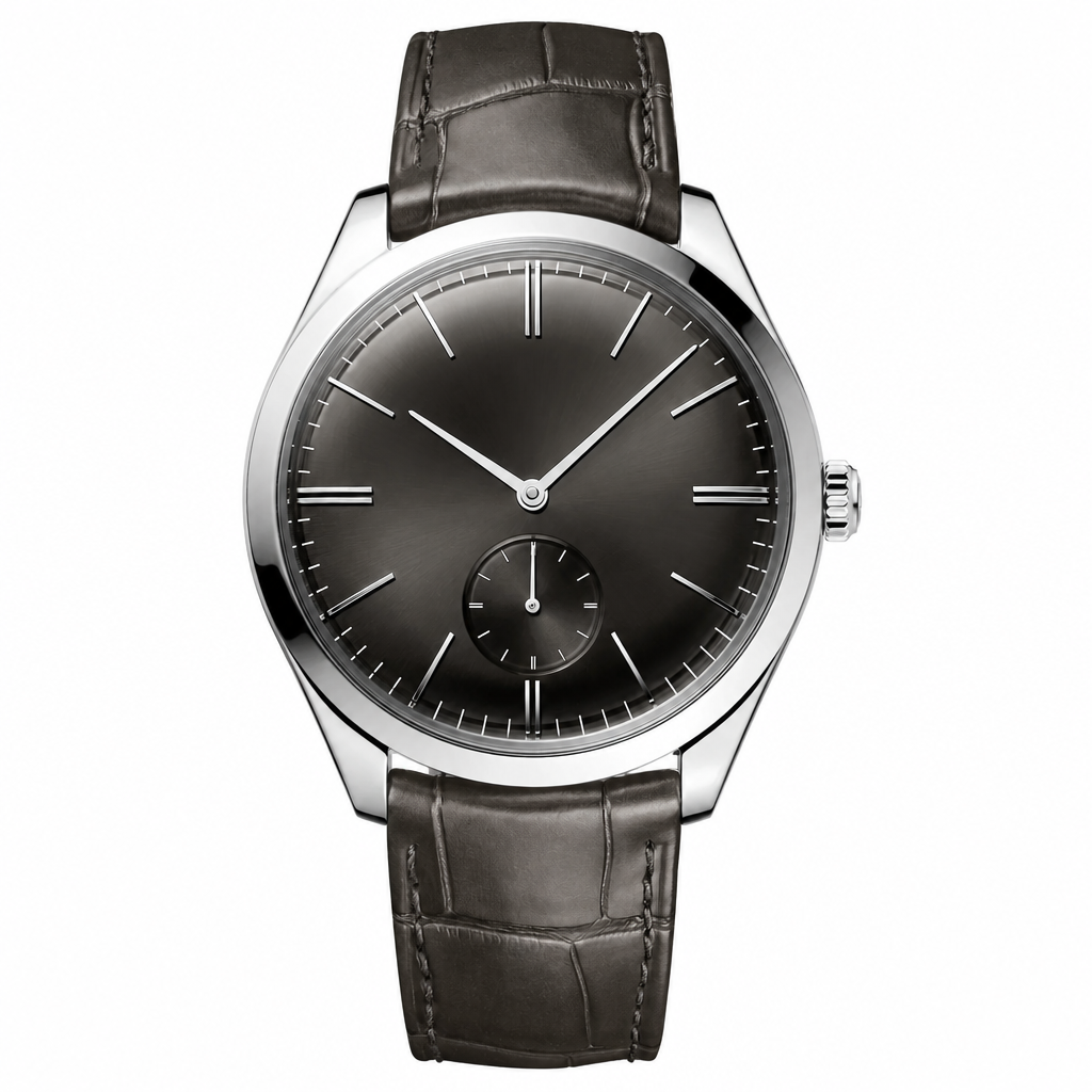 Dress watch with silver steel case, dark gray dial, and dark gray leather strap