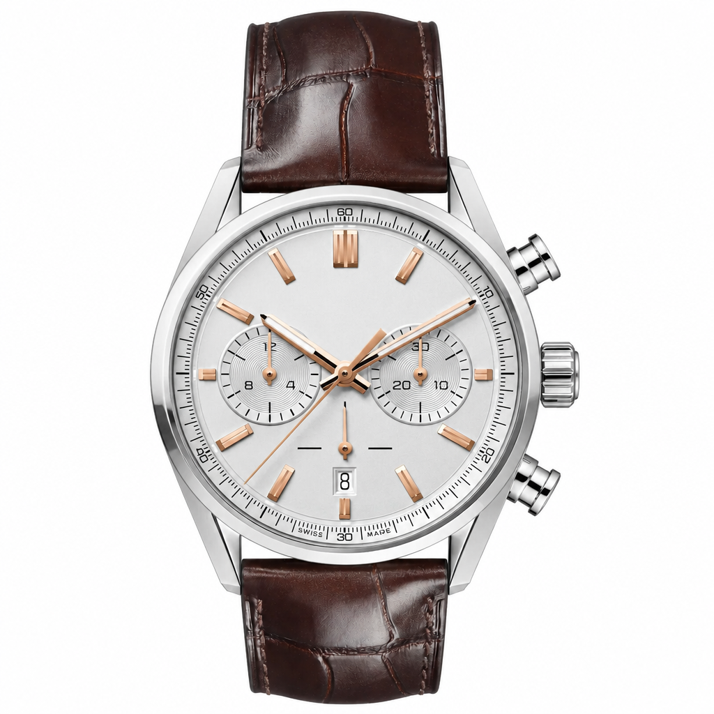 Chronograph wristwatch with silver case and brown leather strap on white background