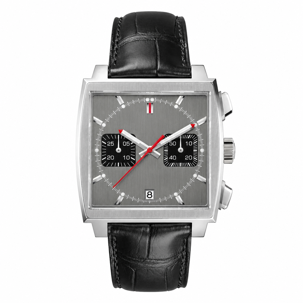 Square chronograph watch with gray dial, silver case, and black leather strap
