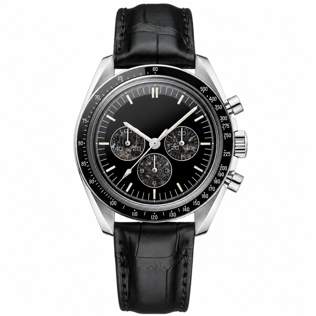 Chronograph dress watch with black dial, steel case, and black leather strap