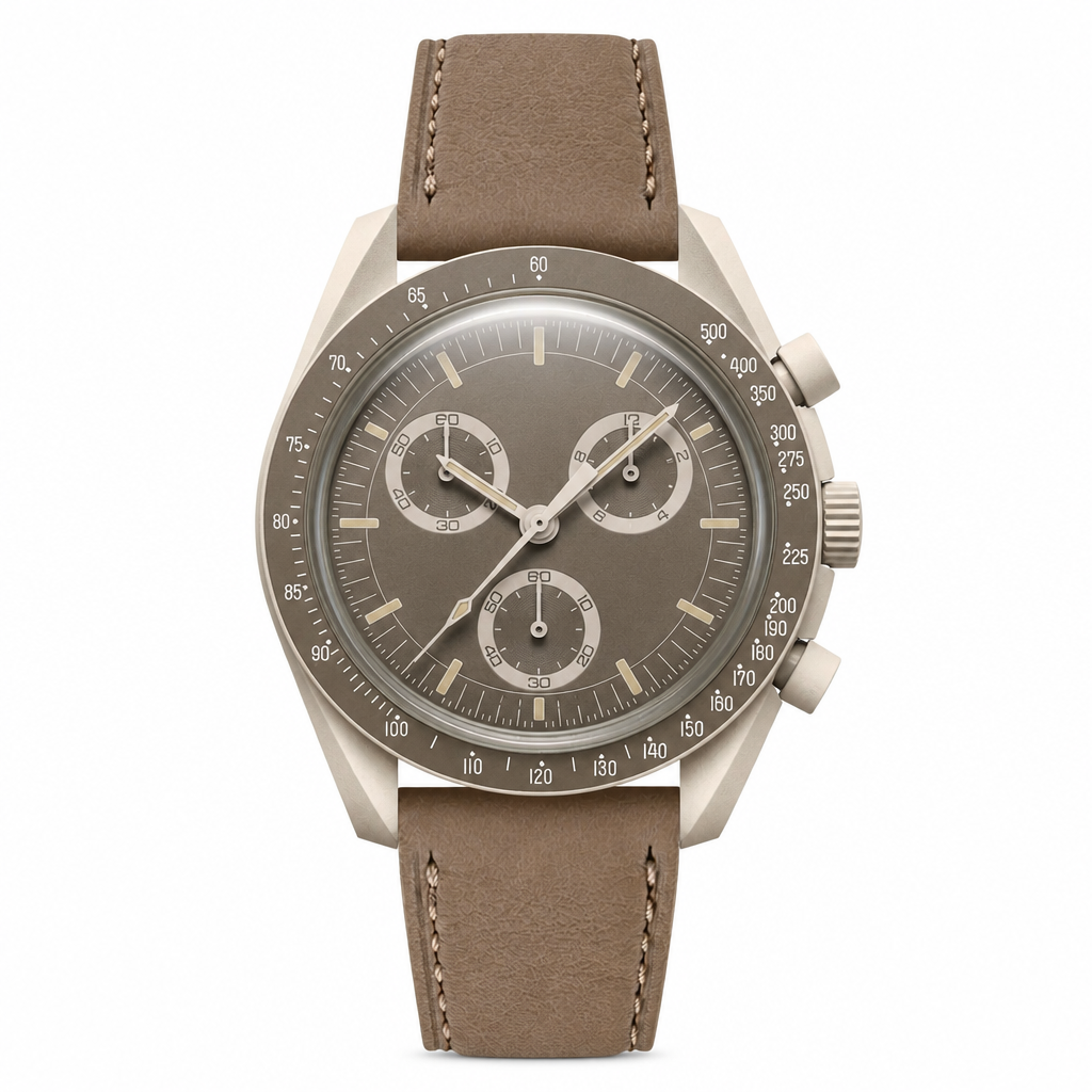 Taupe chronograph watch with taupe leather strap and light beige case on white background