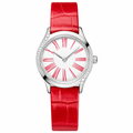 Women's dress watch with silver case, white dial with red Roman numerals, and red leather strap on white background