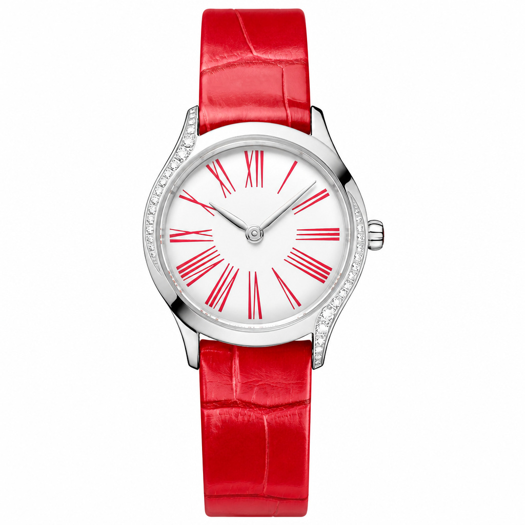 Women's dress watch with silver case, white dial with red Roman numerals, and red leather strap on white background