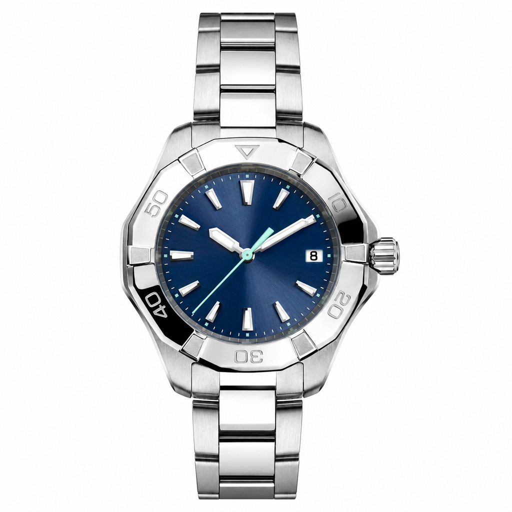 Silver stainless steel watch with blue dial and date display on white background