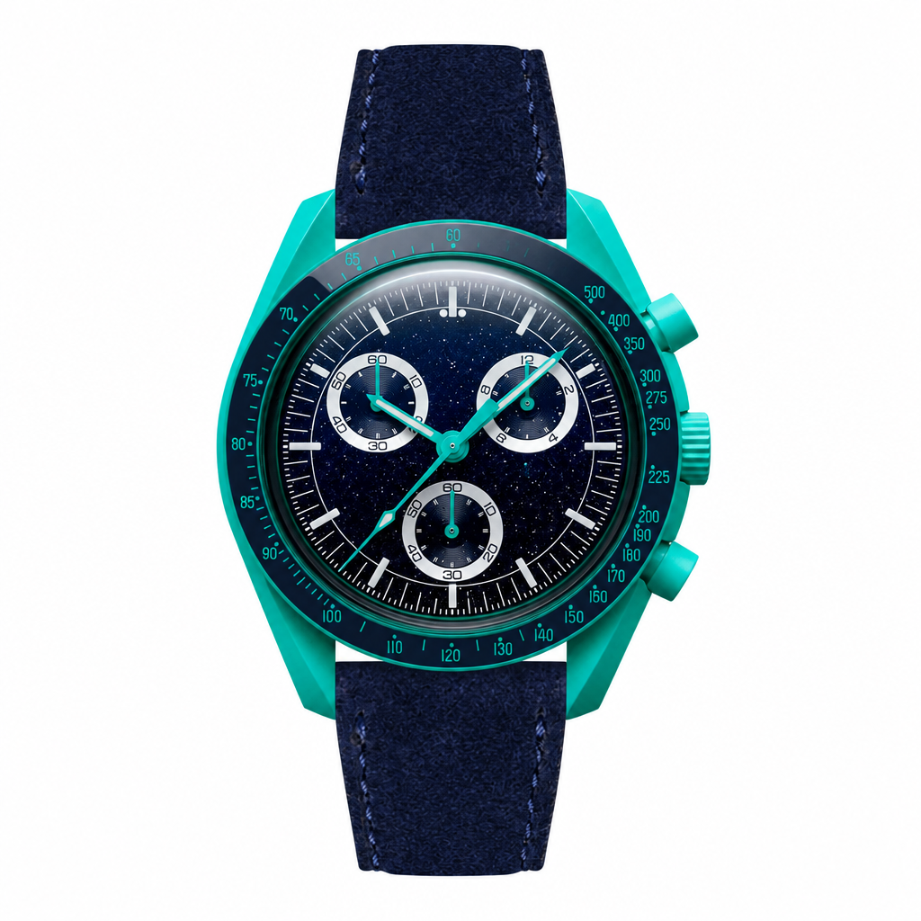 Chronograph watch with blue starry dial, teal composite case, and dark blue suede strap on white background