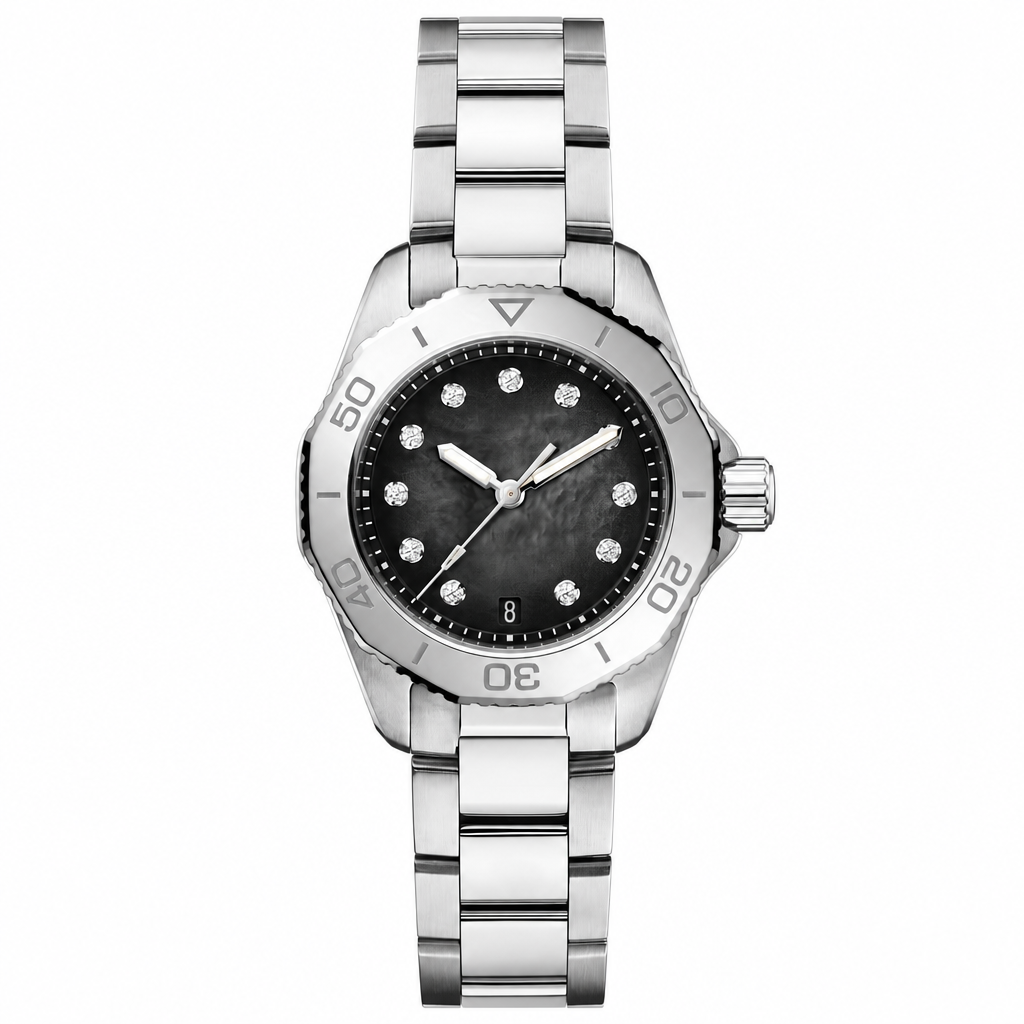 Women's 30mm stainless steel dress watch with black dial and sparkling markers