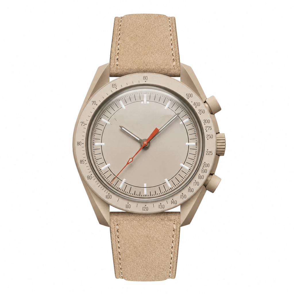 Casual watch with beige dial and beige suede strap on white background