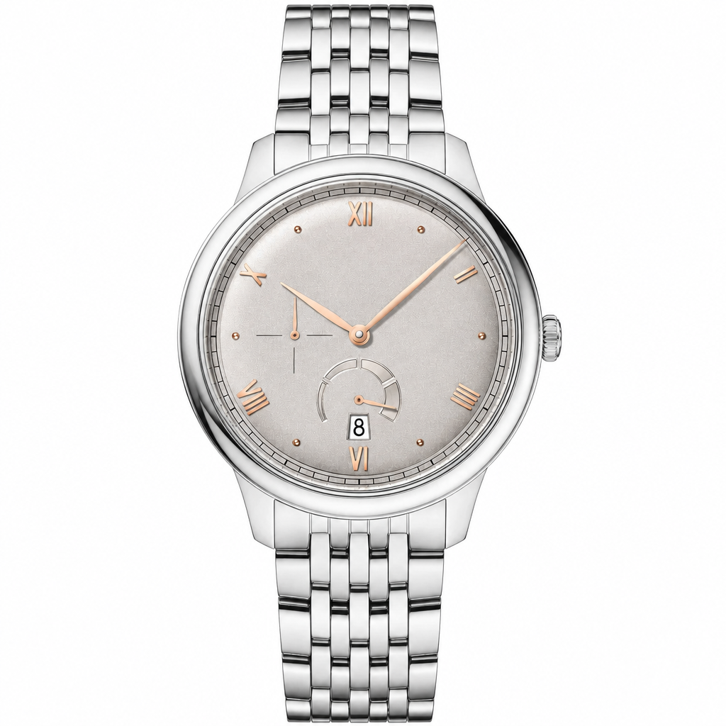 Dress watch with light silver dial and silver stainless steel bracelet on white background