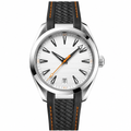 Sport casual watch with white dial and black rubber strap with orange stitching