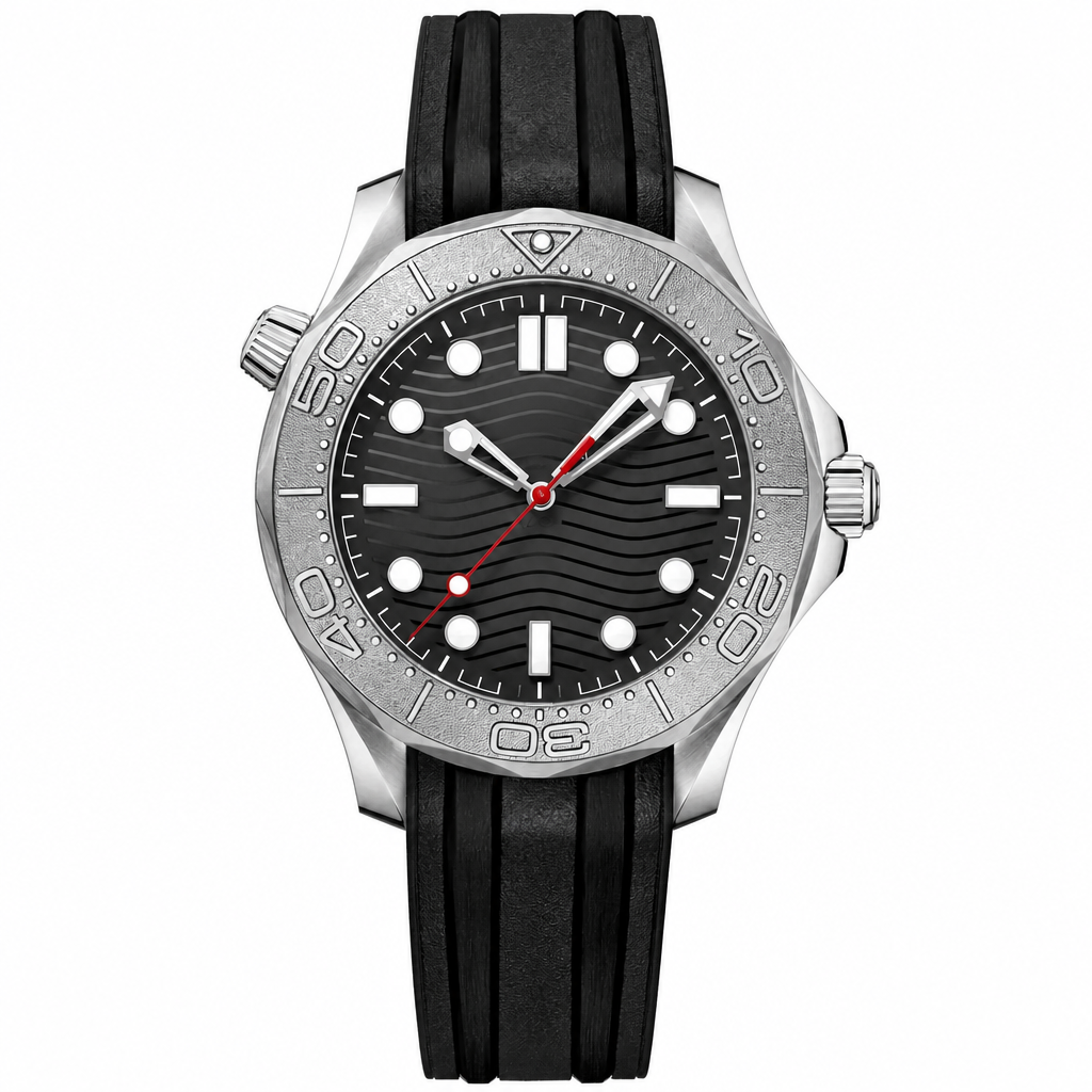 Diver style watch with black dial and black rubber strap, 42mm case