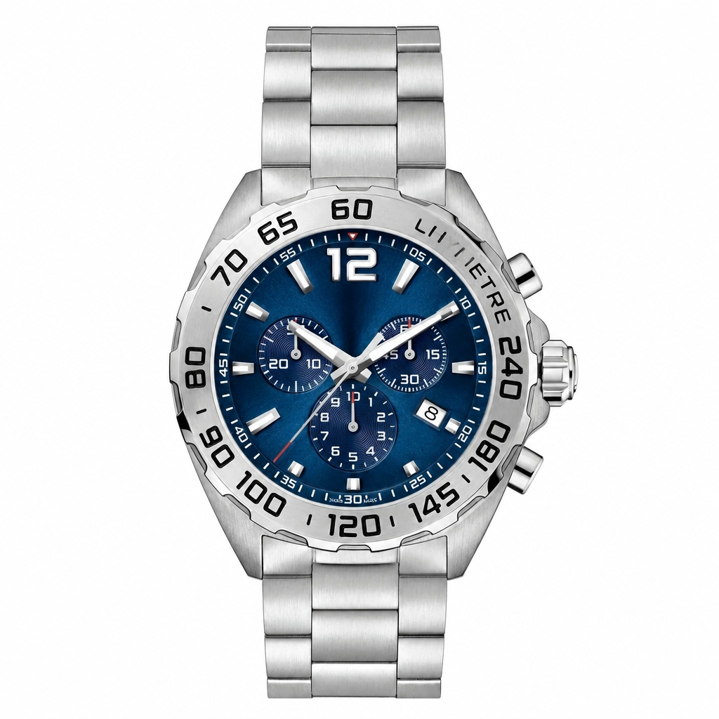 Sport Chronograph Watch Silver Tone Metal Bracelet Blue Dial