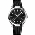 Casual watch with black dial, silver case, and black textured strap, 41mm size