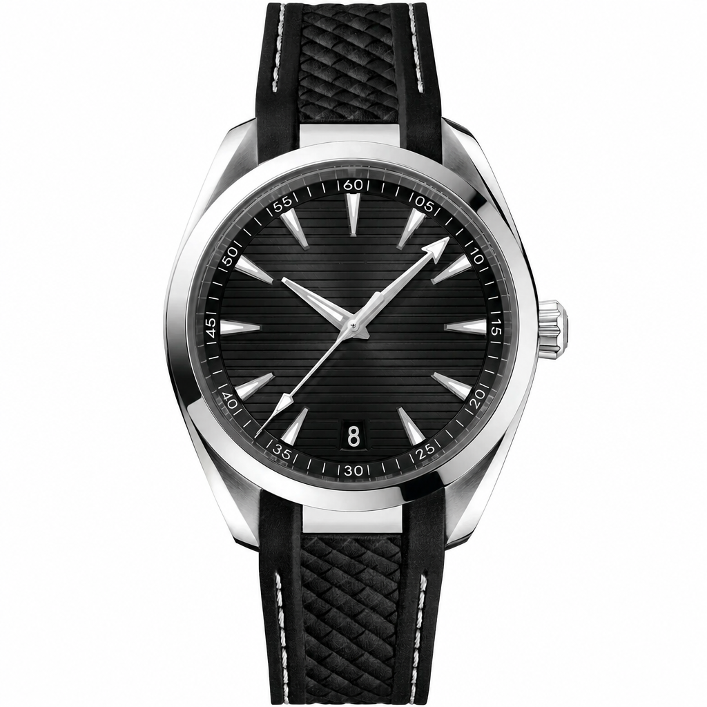 Casual watch with black dial, silver case, and black textured strap, 41mm size