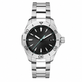 Silver metal sport watch with black textured dial and blue accents