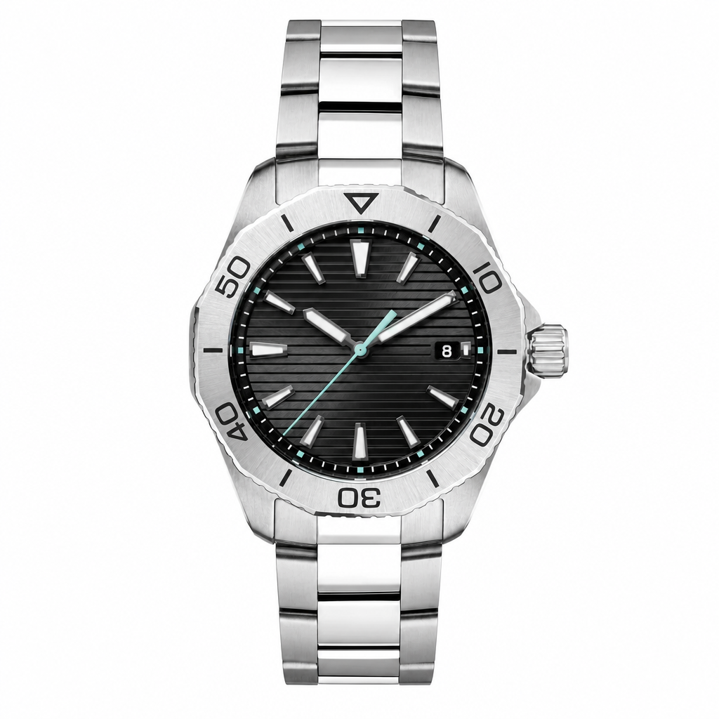 Silver metal sport watch with black textured dial and blue accents