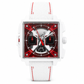 Square white case chronograph watch with red and black dial and white textile strap with red stitching