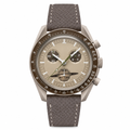 Chronograph wristwatch with beige dial, taupe textured leather strap, and light matte metal case on white background