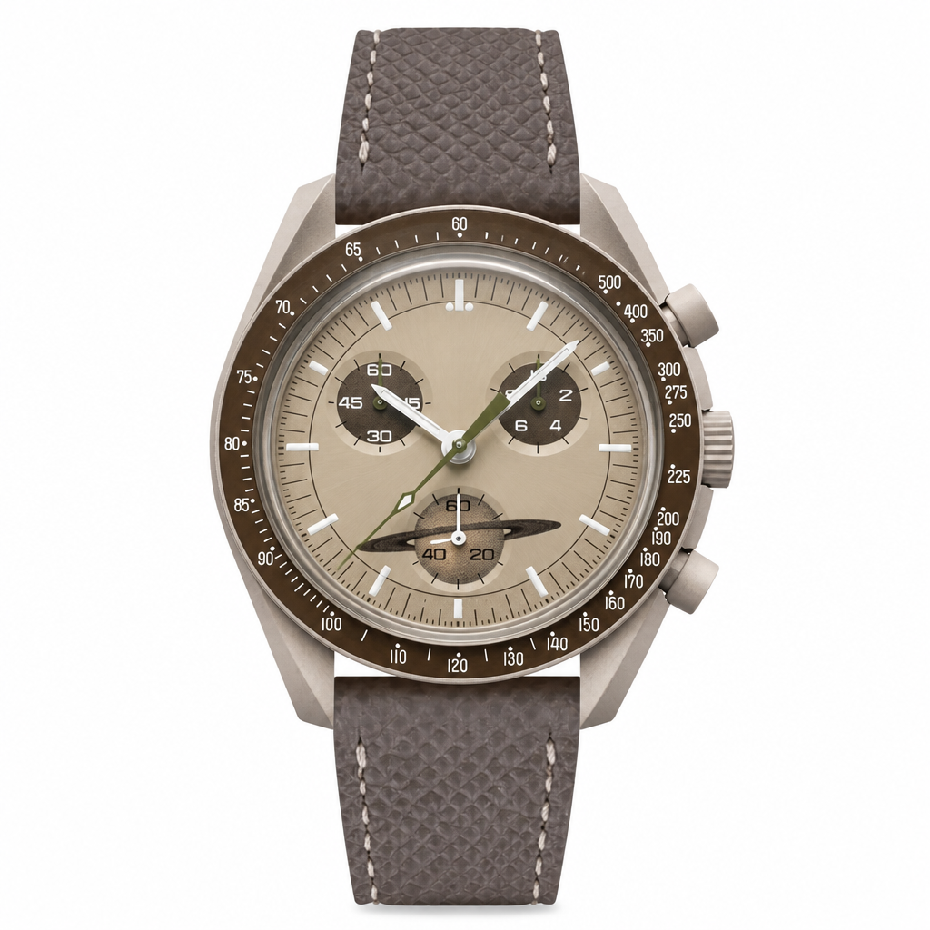 Chronograph wristwatch with beige dial, taupe textured leather strap, and light matte metal case on white background
