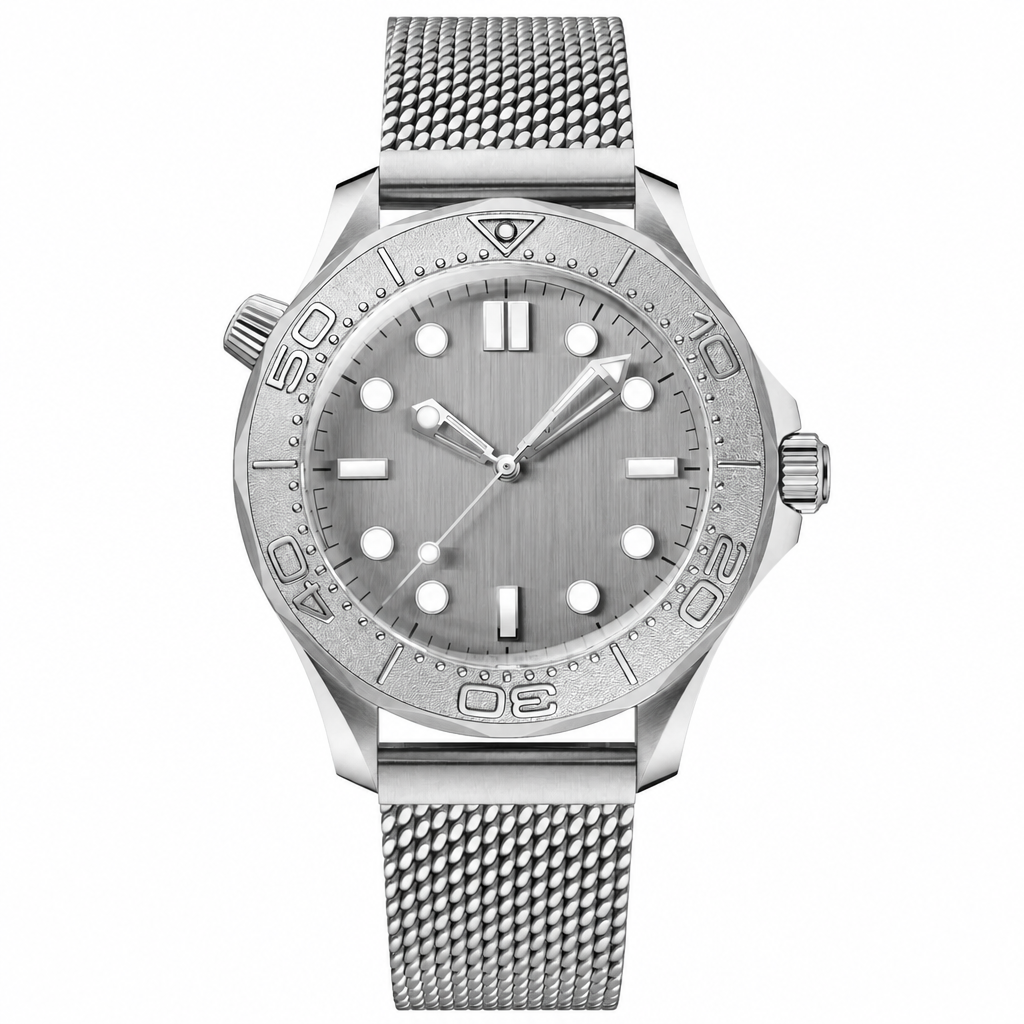 Silver-tone sport watch with metal mesh strap and silver dial, 42mm case size
