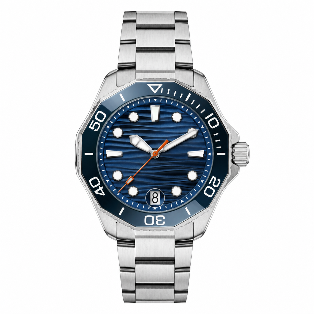 Metal diver watch with blue wave dial and silver bracelet