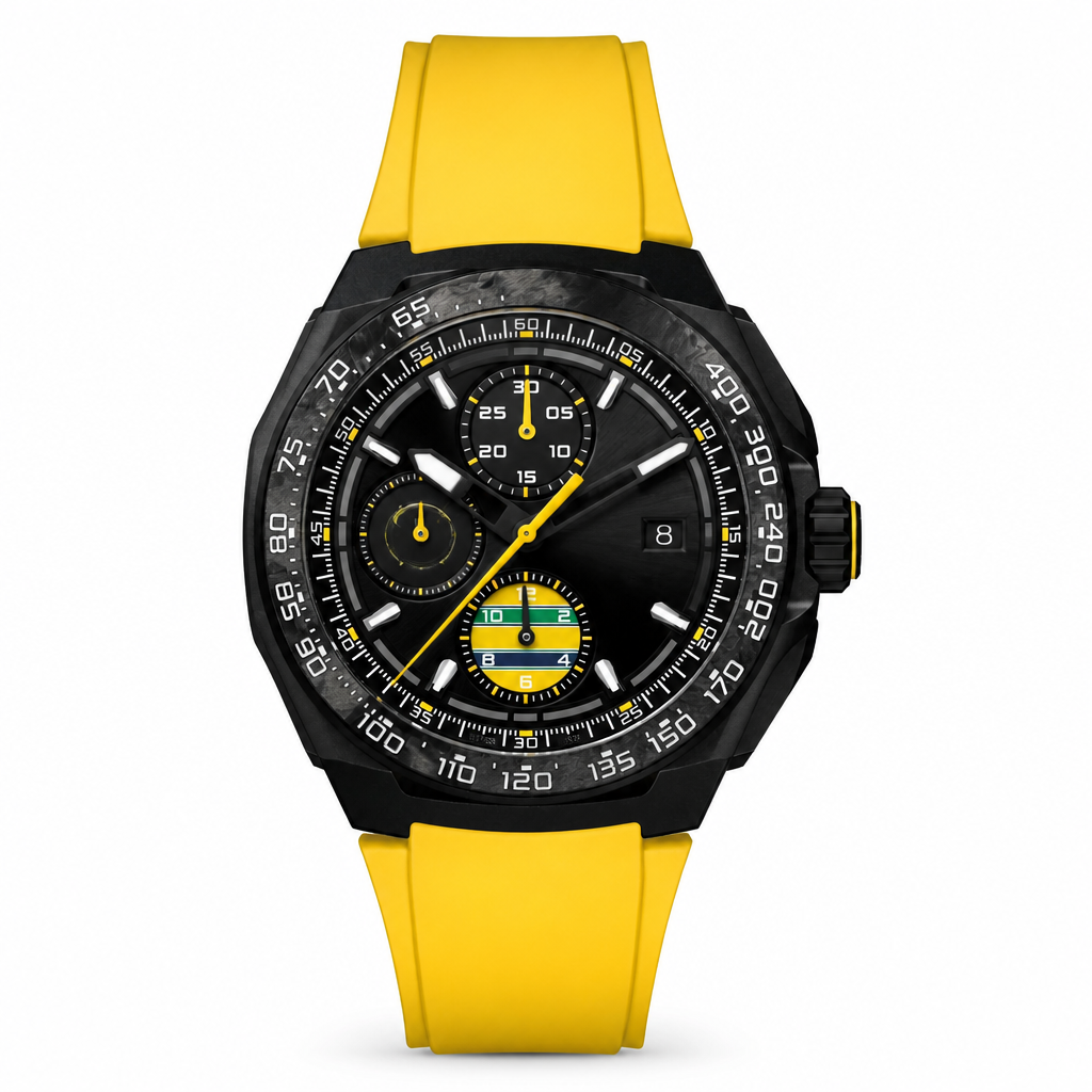 Sport watch with yellow rubber strap and black composite case, black dial with yellow and white accents