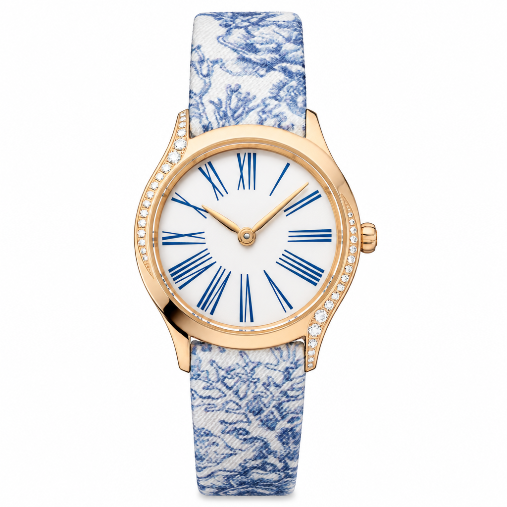 Women's dress watch gold-tone case white dial blue Roman numerals with white and blue patterned fabric strap on white background